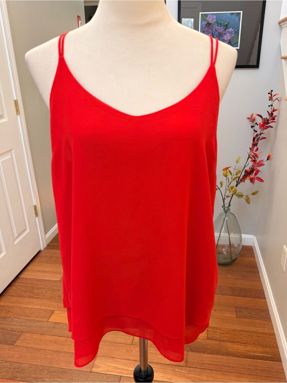 Sans Souci Large Women's Blouse Spaghetti Strap Layered Red Top Flowy Strappy